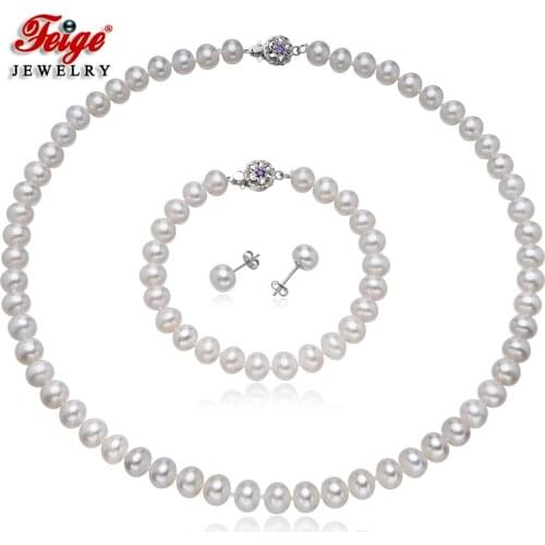 Elegant Classic Design 925 Sterling Silver White Natural Cultured Pearl Jewelry Set Womens Wedding Jewelry Set Gifts FEIGE