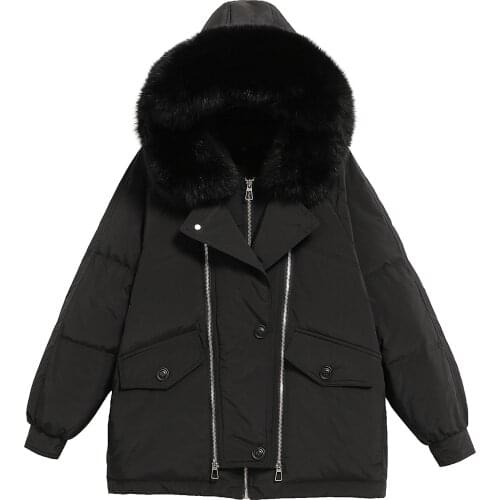 2021 Winter Women Down Jacket 90% White Duck Down Black Parkes Large Fox Fur Collar Hooded Zipper Design Snow Warm Coat Outwear