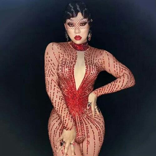Women Singer Sexy Red Sparkly Crystals Long Sleeve Jumpsuit Stage Performance Costumes Nightclubs Adult Bodysuit CostumeDJ314