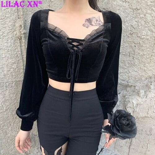 Goth Velvet Bandage Black Crop Tops Y2K Sexy V Neck Lace Trim Puff Long Sleeve Tops for Women Girls Vintage Aesthetic T Shirt