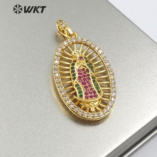 WT-MP110 Catholicism Token Virgin De Gudalupe Oval Medal With Colorful Micro Pave Pendant Necklace For Women Spiritual Jewelry