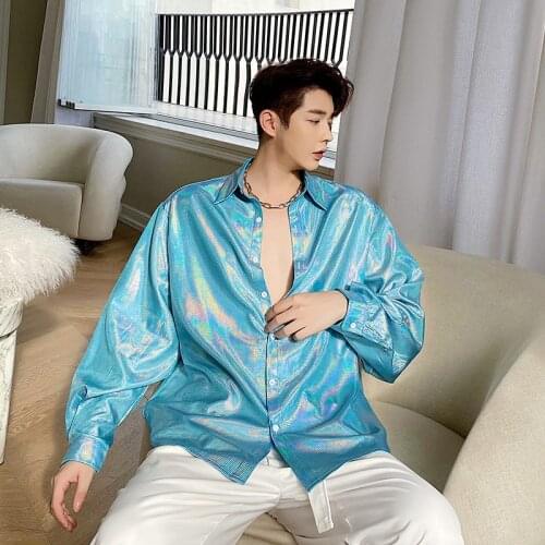 2021 fashion streetwear hip-hop casual loose shirt men are very Korean laser glow stage costumes Blouse Camisa masculina