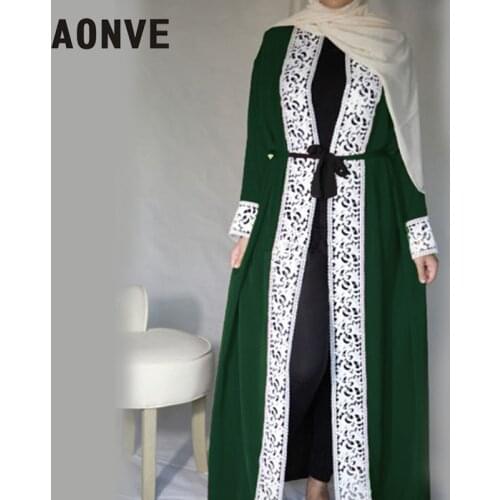 Aonve Long Lace Red Abayas Islamic Women Djellaba Dubai Lace Turkish Robes Arab Ladies Open Kaftan Muslim Moroccan Black Abaya