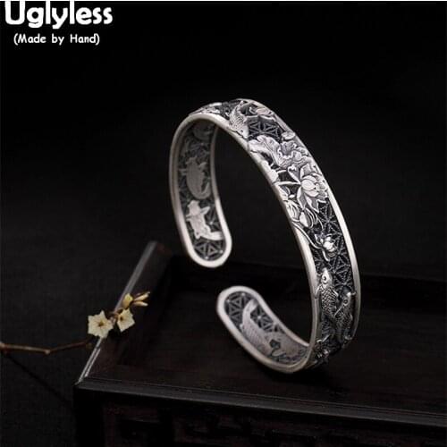 Uglyless Real Solid 999 Fine Silver Pond Bangles for Women Thai Silver Fishes Open Bangles Wide Lotus Bangle Ethnic Bracelets