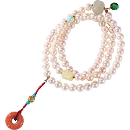 Pure gold Natural Pearl Beeswax Hetian jade Southern red agate Peace buckle Multi-circle Female Temperamental bracelet