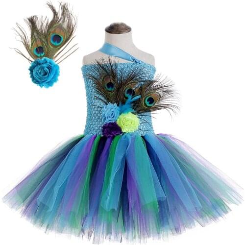 Flower Peacock Tutu Dress for Girls Pageant Halloween Costumes Kids Girl Princess Fancy Party Dresses with Feather Headband