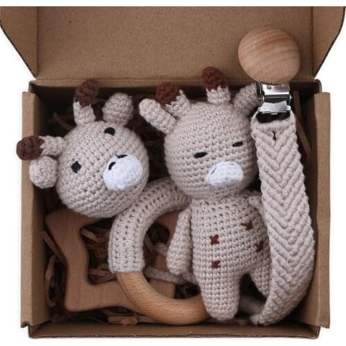 4XWooden Baby Toy Wood Teether Baby Teething Toy Pacifier Clip Cute Giraffe Appease Cartoon Doll for Newborn Baby Giftts