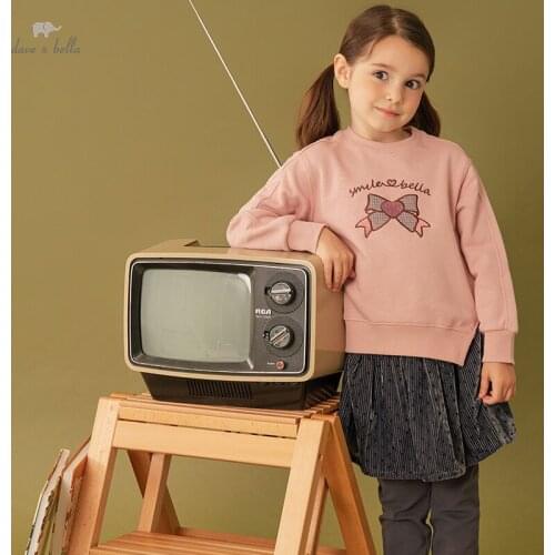 DKH18219 dave bella autumn 5-13Y kids clothes children fashion bow print cartoon T-shirt girls high quality fashion tees