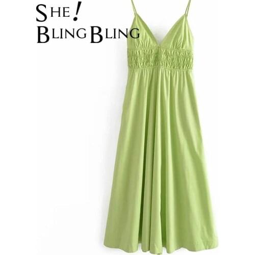 SheBlingBling Green Long Midi Dress Summer Sleeveless Deep V Neck Shirred High Waist Women Spaghetti Strap Casual Skater Dress