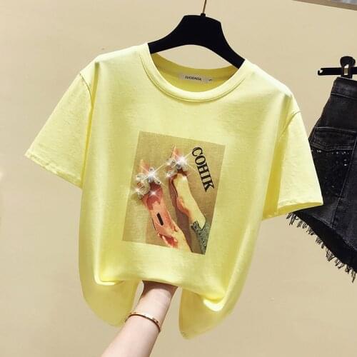 Europe summer O neck Beaded Shoes print Short Sleeves T Shirt Top Female Tshirt Loose Women Fashion Graphic T-Shirt tops