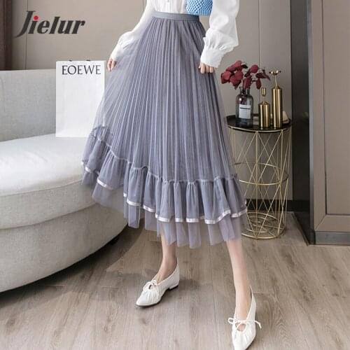 Jielur 2021 New Fairy Pleated Skirts Women Fashion Curled Ribbon Stitching Velvet Skirt A-line High-waisted Autumn Winter Skirts
