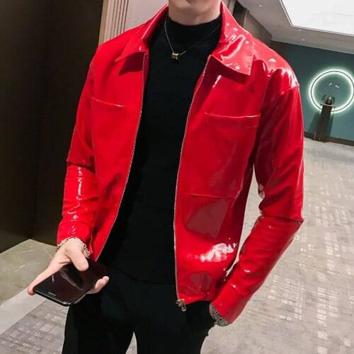 Leather Jacket Shinny Mens Jackets and Coats Jaqueta Masculino Red Black Coffee Stage Clothing for Singer Club Party Jacket Man