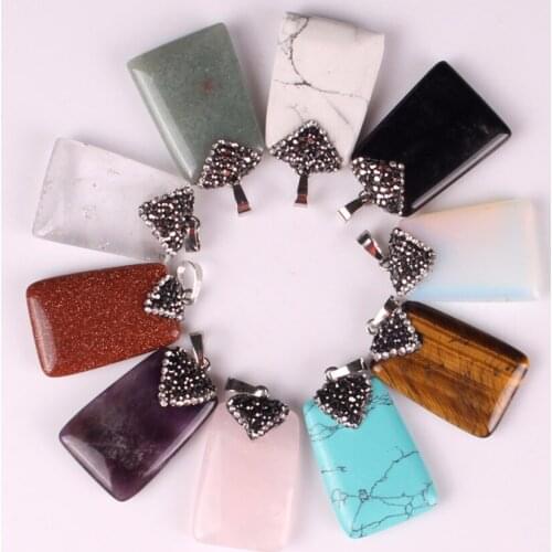 Reddish Pink Quartz Square Pendant Bead Hot Wholesale 9 Type Women Natural malachite Howlite Aventurine Crystal Geode Stone New