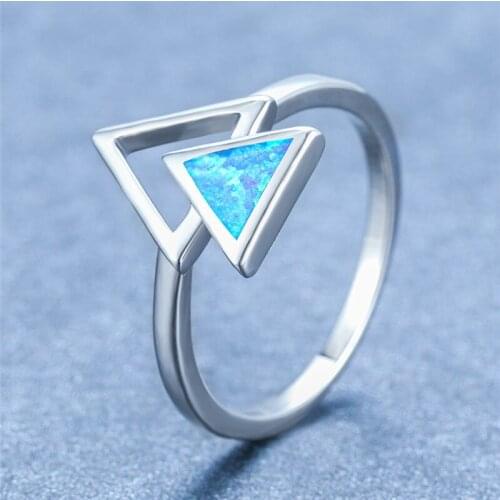 Trendy Bride Hollow Triangle Stone Ring Dainty Female Blue White Opal Engagement Ring Charm Silver Color Wedding Rings For Women
