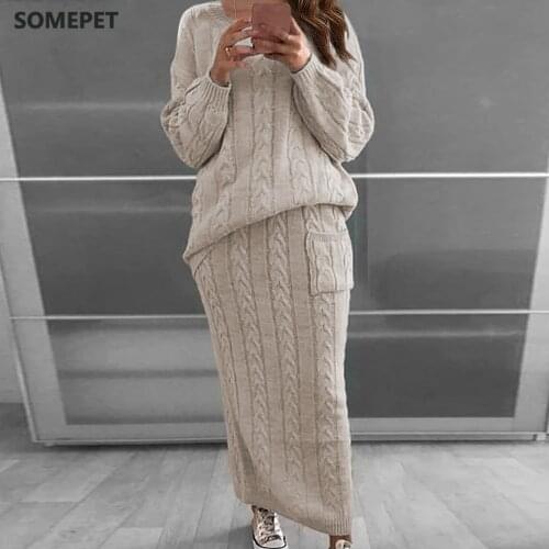 Fashion Women Knitted Set Long Sleeve Pullover Sweater+Strap Dress Sets Solid Color Knit 2 Piece Set Ladies Casual Knitted Suit