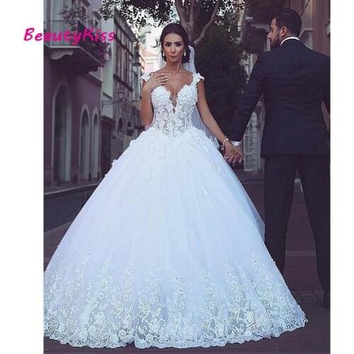 Boho Muslim Ball Gown Wedding Dresses Sweetheart Tulle Lace Beaded Dubai Saudi Arabia Wedding Bridal Dress Vestido De Noiva