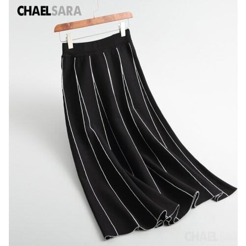 Autumn Winter Ladies Knitted Skirts Korean Casual Black & White Stripe Pleated Skirts