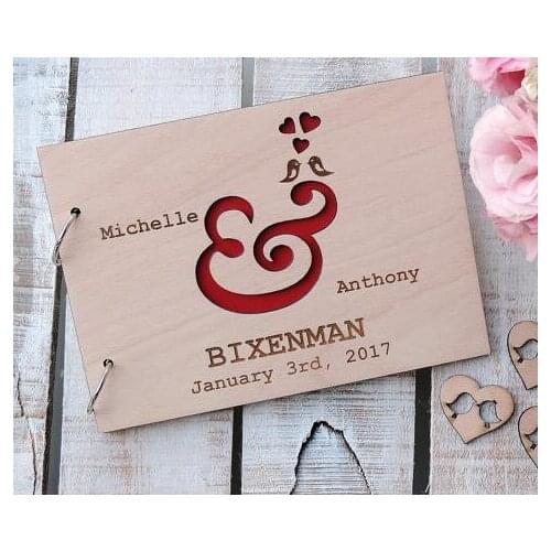 Personalized names and date Ampersand Love Birds wedding guest album engraved Wooden guestbooks baptism baby shower journals