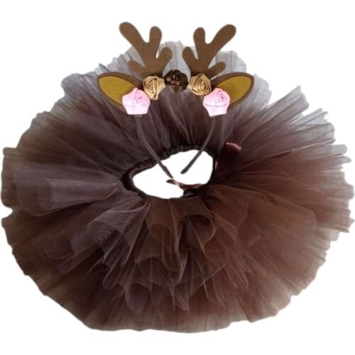 Fluffy Brown Deer Girl Tutu Skirt Birthday Costume Kids Reindeer Tulle Skirt for Halloween Carnival Children Outfit 1-14 Years