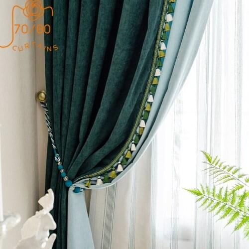 American Light Luxury Retro Chenille Color Matching Tassel Shading Blackout Curtains for Living Room Bedroom Teal Curtain