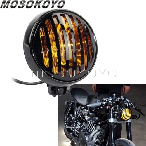 Retro Moto 5.75 Inch Grill Headlight Amber Lens Vintage Headlamp for Harley Cafe Racer Chopper Bobber Cruiser