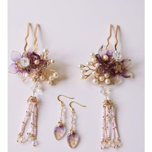 Vintage handmade purple beaded pearl tassel Hair pin hair sticks bun accessories Headwear for kimono hanfu COSPLAY