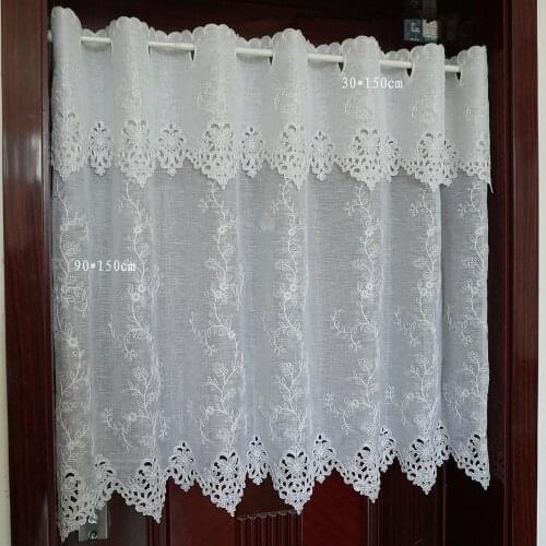Countryside Solid Half-curtain White Flower Embroidered Window Valance Lace Hem Coffee Curtain for Kitchen Cabinet Door A-114