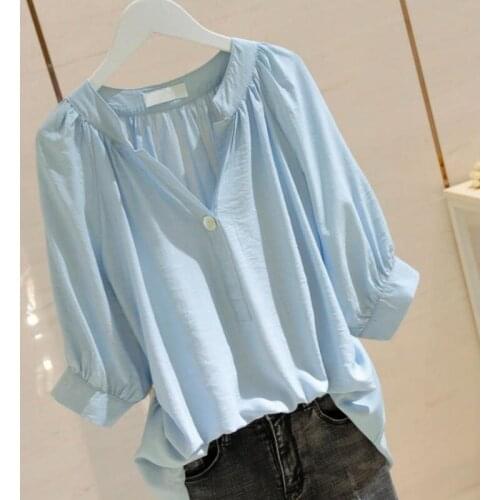 Womens V-neck White Shirt Ladies Short-sleeved Thin Loose Shirt