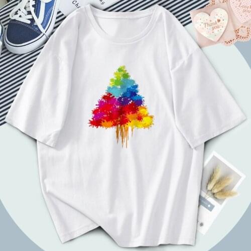 2021 Retro Christmas Tree Tshirts Vintage Streetwear Womens T Shirts Print O-Neck Hip Hop Casual Tops Tees Loose Poleras Female