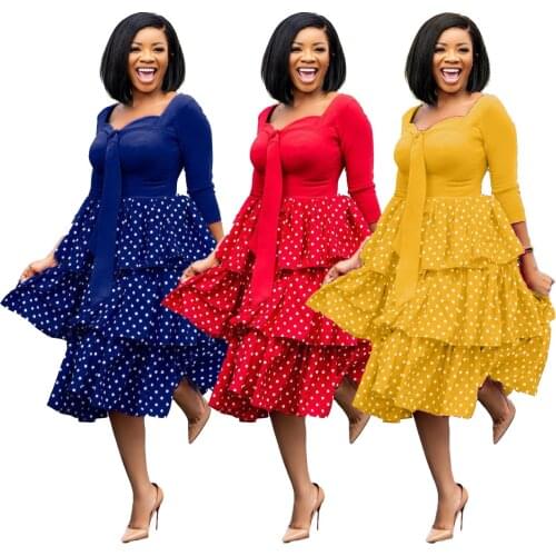 Women Loose Casual Lovely Elastic Waist Long Dress Wave Dot Long Sleeve Lacing Stitching Cake Print Dress Plus Size Lady Dress