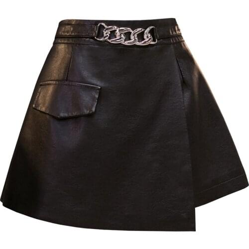 CHIC High Waist Irregular Faux Leather Skirts For Women Metal Circles Belt Zipper Bottom Ladies