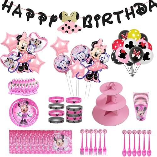 160pcs Disney Minnie Mouse Birthday Party Decorations Set Balloon Cake Stand for Kids Favor Disposable Dinnerware Supplies