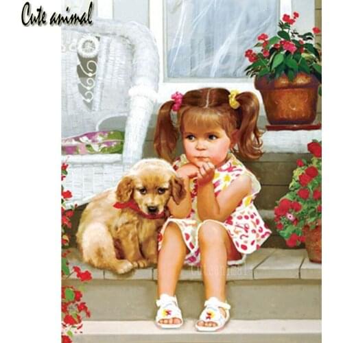 5D Diy Diamond Painting Girl Dog Pet Garden Cross Stitch Kits Diamond Mosaic Embroidery puzzle Full Round Drill Child Gift 2021