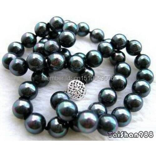 FREE SHIPPING>>Black 10 mm Shell Pearl Silver Flower Clasp Necklace