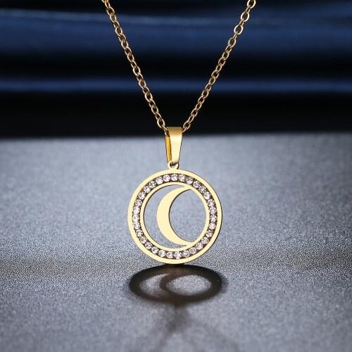 CACANA 316L Stainless Steel Necklace Crystal Rhinestone Exquisite Moon Necklaces For Women Wedding Valentines Day Gifts