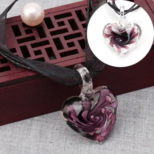 Murano Glass Pendant Necklace Purple Heart Flowers Ribbon Chain