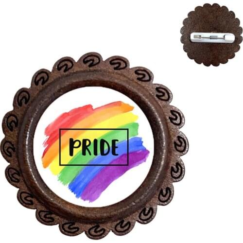 Gay Pride Rainbow Wood Brooch Lesbian LGBT 20mm Glass Dome Cabochon Collar Pins Jewelry For Women Men Lover Gift