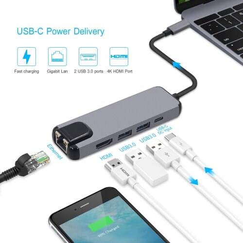USB C Laptop Docking Station USB 3.0 HDMI RJ45 Gigabit PD Fealushon for MacBook Samsung Galaxy S9 /S8 / S8+Type C Dock USB HUB