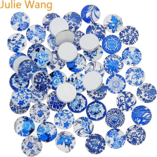 Julie Wang 6-15mm Round Glass Cabochons Mixed Blue And White Porcelain Pattern For Necklace Earrings Jewelry Making Accessory
