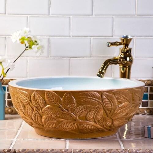 Western antique style ceramic colored bathroom luxury basin wash bowl sink vintage wash basin leaves carved design