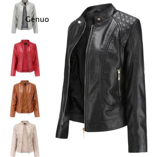 Fashion Spring Autumn Outerwear Womens Clothes Temperament Large Stand Collar Pu Leather Female Slim Jacket Motorcycle Coat