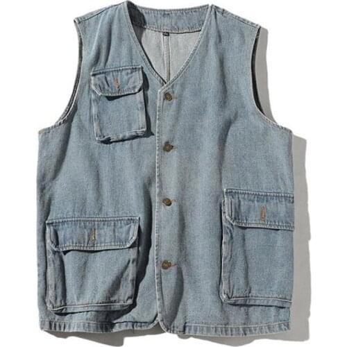 Men Denim Vest New Mens Retro Classic Casual Denim Vest Jacke Fashion Multi-Pocket Slim Fit Vest Coat Male Plus Size 4XL