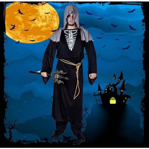 Men Grim Reaper Costume Cosplay Scary Skeleton Clothing Dress Up Adult Halloween Party Purim Costumes