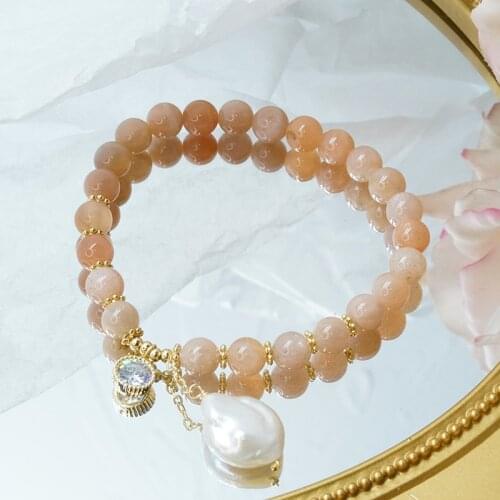 2021 New Orange Natural Sunstone Beads Strand Bracelet Big Baroque Pearl Pendant Bracelets for Women Fashion Jewelry YBR330