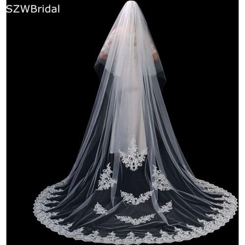 New Arrival Ivory Cathedral Wedding Veils Two Layers with Comb Lace Applique Matrimonio boda Wedding accessories Wedding Veil