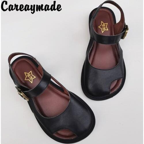 Careaymade-Summer Genuine leather big head wide sandals womens original handmade single soft sole loose breathable sandals
