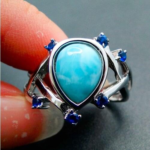 Blue Larimar Gemstone Woman Rings Water Drop Adjustable Finger Ring Charm Jewelry 925 Sterling Silver Quality Jewelry Ring Gift