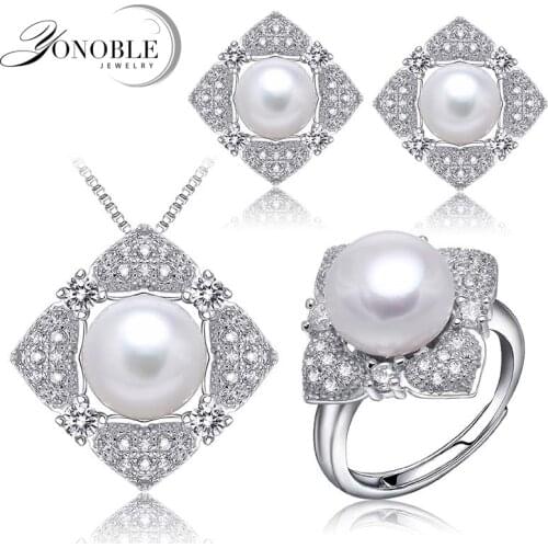 Wedding Pearl Sets For Women,Real Natural Bridal Jewelry Sets 925 Silver Necklace Earrings Anniversary Birthday Gift