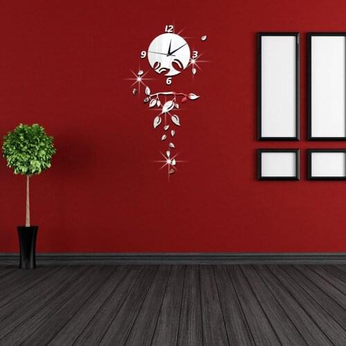 DIY Home Decoration fashion Mirror wall sticker living room Silent Deciduous wall clock Acrylic wallpaper free shipping