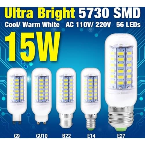 Ultra Bright LED Corn Bulb Lamp Cool/Warm White 220V 15W Lights B22/E27/G9/E14/GU10 5730 SMD LED Corn Bulb Lamps Bright Light